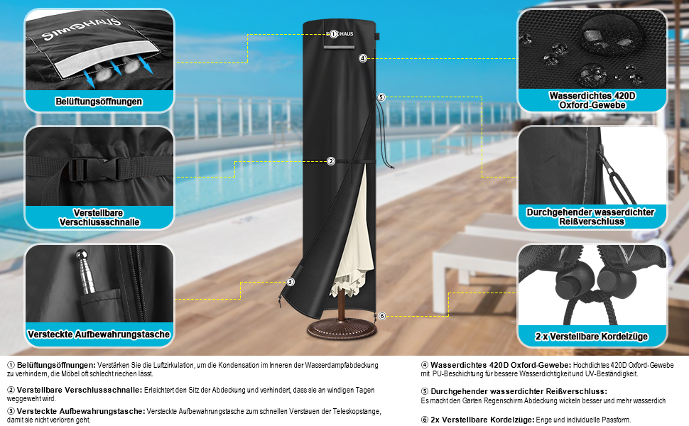 Захисний чохол для парасольки 4м, чохол для парасольки-маркізи, захисний чохол для парасольки до 400 см Ø, чохол для подвійних парасольок, анти-UV, Oxford Fabric, 280x70/70 см