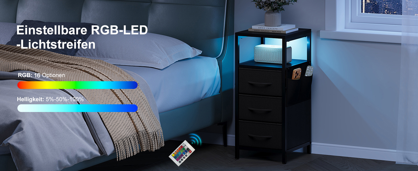 Нічний столик з підзарядкою та LED, приліжний столик з 3 висувними ящиками з тканини, нічний столик з полицею, відкрите відділення, 2 розетки AC, USB та Typ C порти, для спальні, вітальні, офісу (25x30x60 см, Чорний, 2)