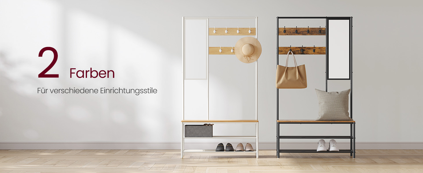 Стійка для одягу VASAGLE з дзеркалом та банкеткою, 35 x 98 x 180 см, для передпокою, спальні, вітальні, індустріальний дизайн, vintagebraun- schwarz, з полицею для взуття