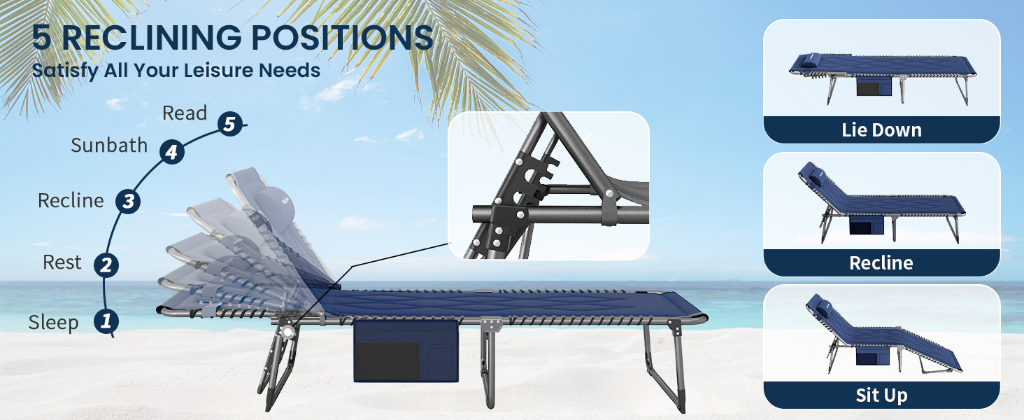 Розкладне ліжко для кемпінгу UDPATIO: зручне ліжко для відпочинку на природі з регульованою спинкою та подушкою (Navy)