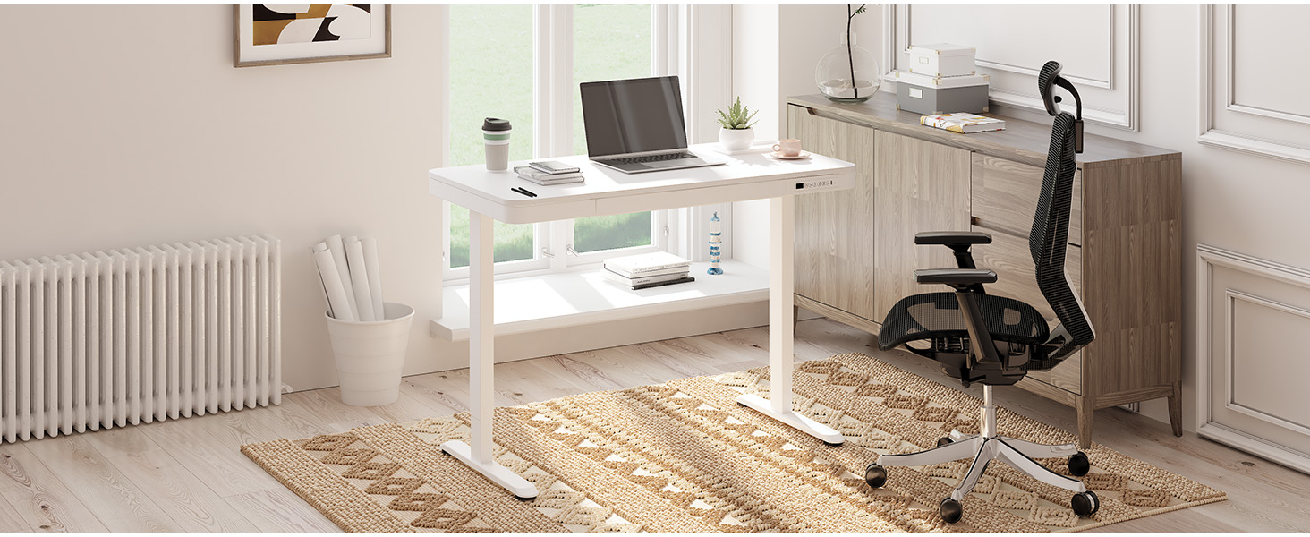 Електричний регульований стіл Sanodesk з ящиком, сенсорним керуванням та USB-портами, 120 x 60 см, білий колір, білий каркас, висота 73.5-118 см