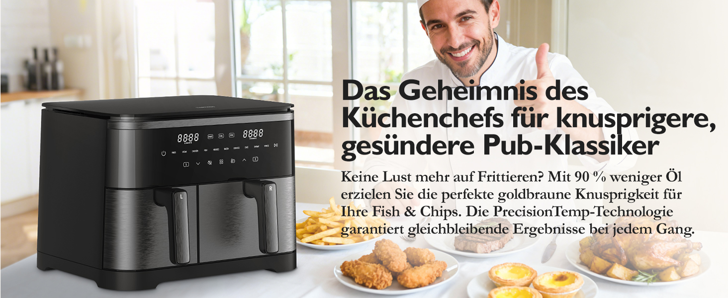 Фритюрниця без олії з підсвічуванням та нагадуванням про струшування, антипригарне покриття, 30-200°C, 78 рецептів, 8-в-1, тиха фритюрниця (11 л)