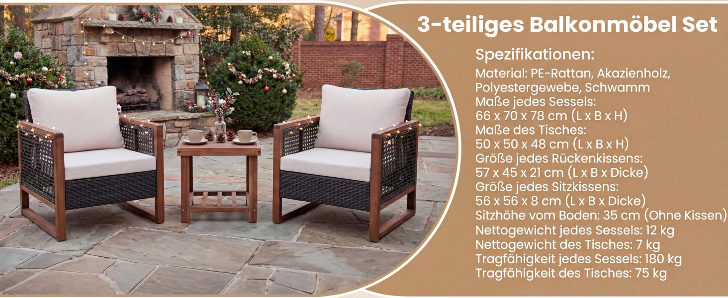 Набір садово-розкладних меблів GIANTEX з ротангу (3 шт.), садова група для балкону на 2 особи, Lounge Set з 2 кріслами та дерев'яним столом, коричневий, з подушками