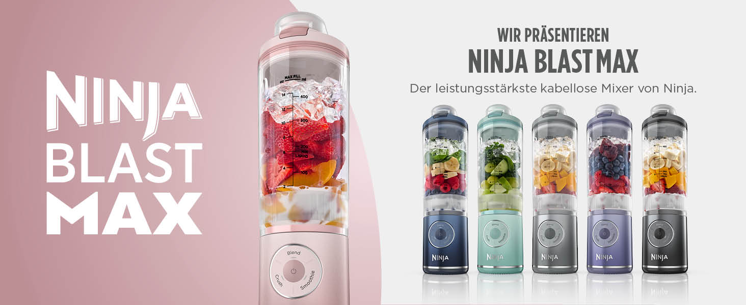 Портативний блендер Ninja Blast Max: 570 мл, акумулятор, чаша та кришка, 3 функції, для смузі та протеїнових коктейлів, рожевий (BC251EULD)