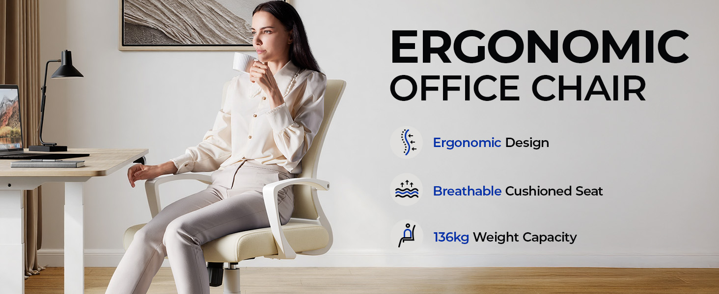 Офісний стілець Yaheetech ергономічний з сітчастою спинкою, регульований, з підлокітниками, бежевий, до 136 кг