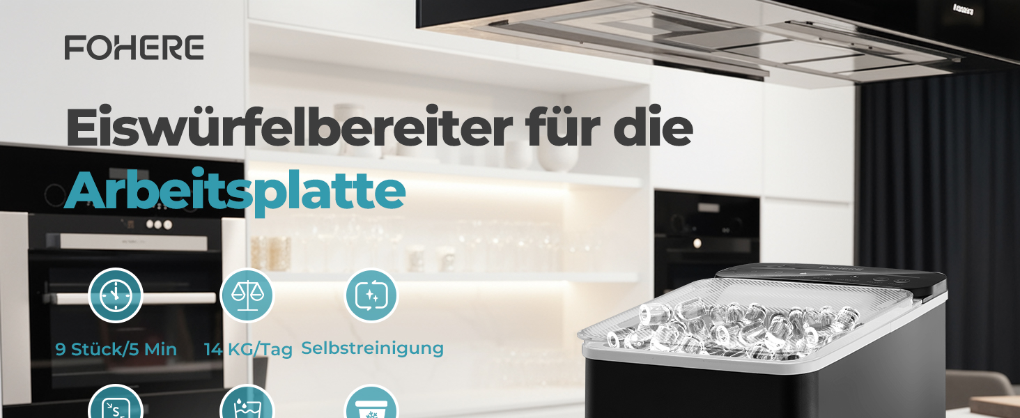 Льодогенератор Fohere портативний самоочисний, 14 кг/24 год, 2 розміри льоду, компактний, чорний - для дому, бару, офісу, кемпінгу