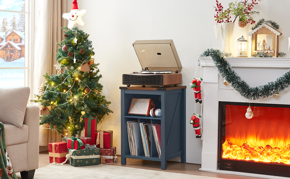 Підставка для програвача вінілу з місцем для платівок, шафка-регулятор для 160 альбомів, дерев'яна підставка для програвача, шафа-вітрина для вітальні, спальні, офісу (Блакитна)