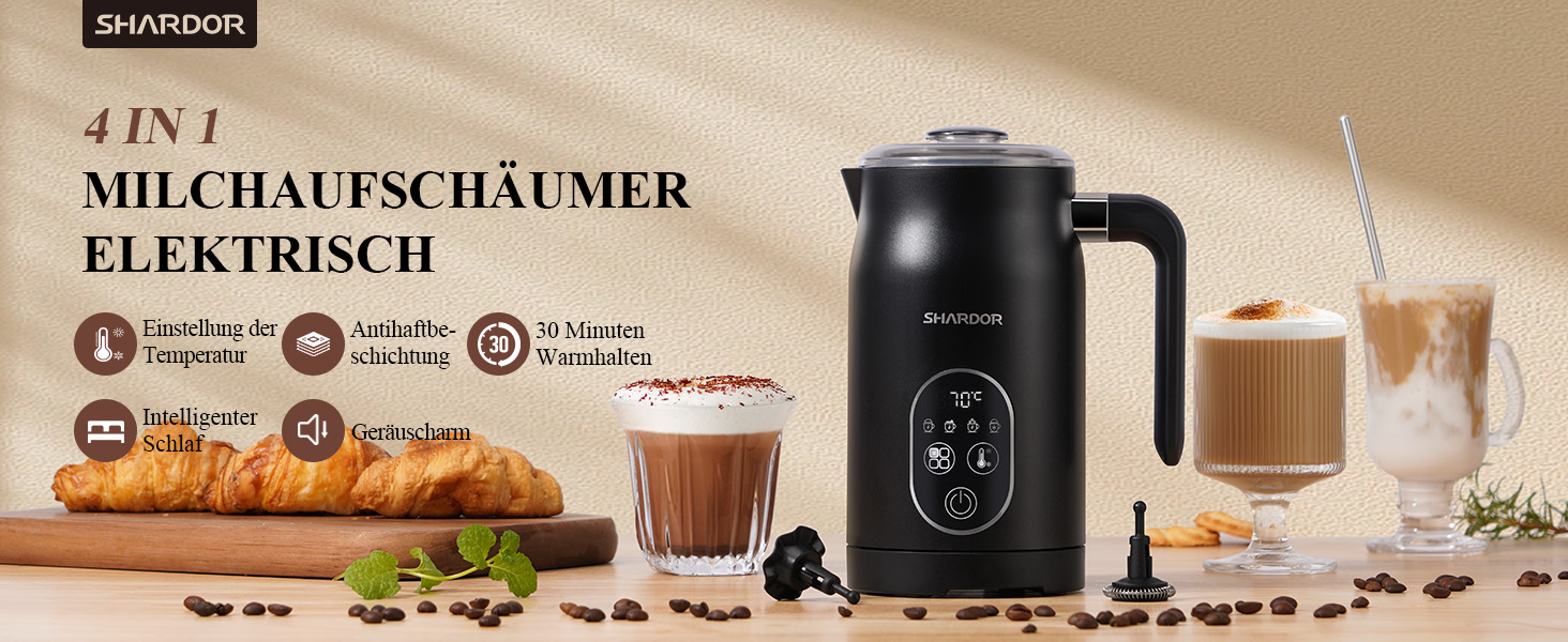Електричний спінювач молока SHARDOR 5-в-1 з регулюванням температури для капучіно, лате, макіато та гарячого шоколаду