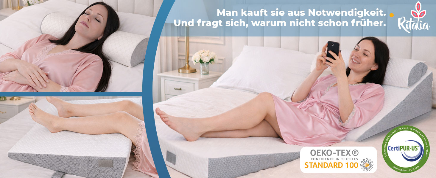 Ортопедична подушка для ніг Ritalia Venenkissen: підтримка ніг, лікування варикозу, 3 рівні висоти, 60x60x30 см, сірий колір