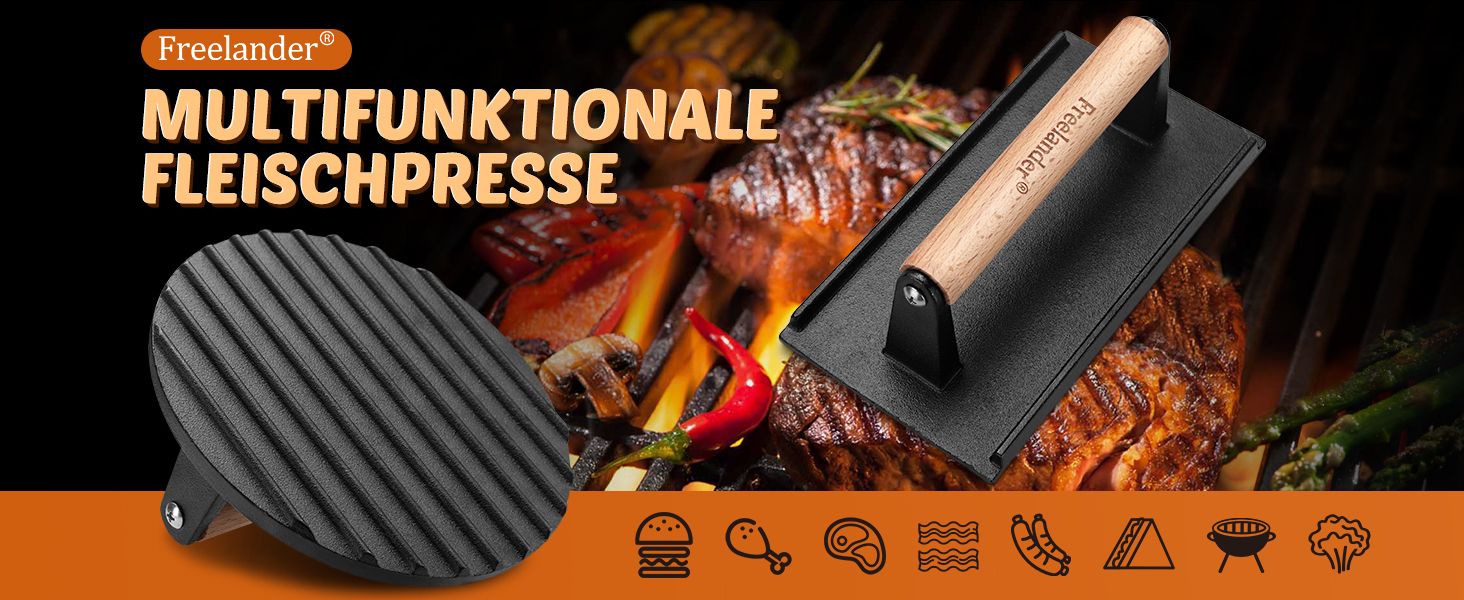 Пресс для бургерів Freelander з чавуну, набір для приготування смашених бургерів (круглий Ø 17.6 см, прямокутний 20.5 см), прес для гриля з термостійкою ручкою, великий бургерний прес для BBQ, стейків, сендвічів, чорного кольору