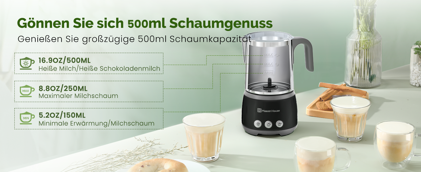 Електричний спінювач молока Maestri House 500 мл 4-в-1 з керуванням Smart Touch, функція пам'яті, для лате, гарячого шоколаду та теплого молока, чорно-сірий