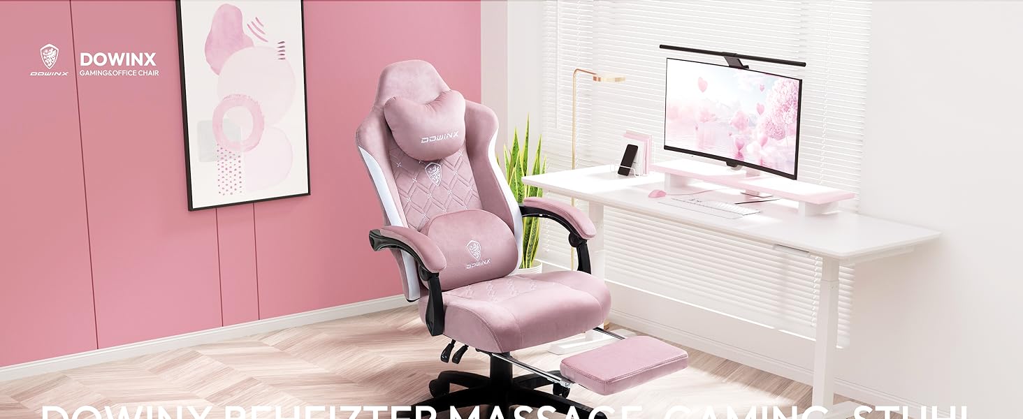 Ігровий крісло Dowinx з масажем, ергономічне, з підставкою для ніг, рожеве, до 200 кг
