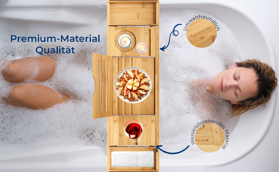 Підставка для ванни та ліжка SereneLife 2-в-1 – складане піднос для сніданку в ліжку та у ванній з бамбука, вологостійкий, регульований розмір, дерев'яна підставка для ванни, міцна спинка