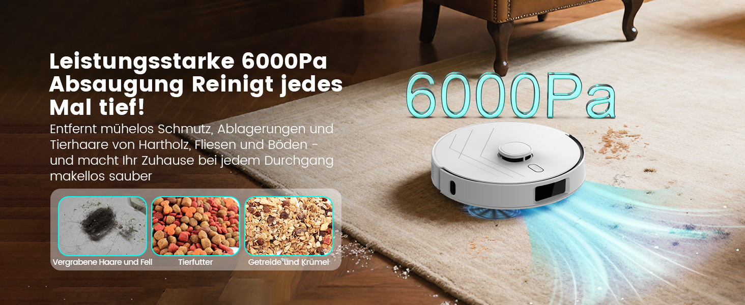 Робот-пилосос AIRROBO T30+ з функцією миття, LiDAR навігація, 6000Pa, 3.5L пилозбірник, 240 хв роботи, керування через додаток, білий малюнок