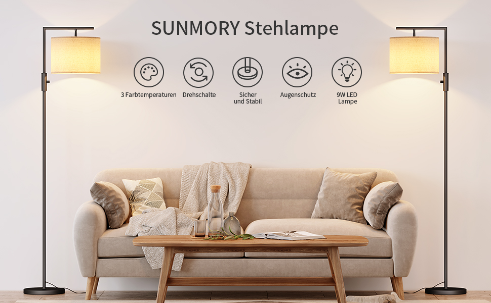 Торшер SUNMORY LED 9 Вт, 3 колірні температури, E27, для вітальні/спальні/кабінету, чорний