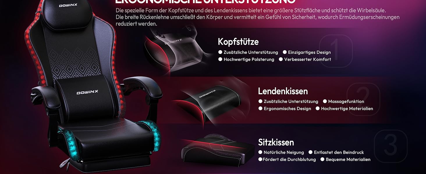 Ігровий крісло Dowinx з RGB підсвічуванням, LED крісло для геймерів з підніжкою, ергономічне крісло з масажем попереку, для дорослих, PU шкіра, білий (чорний)