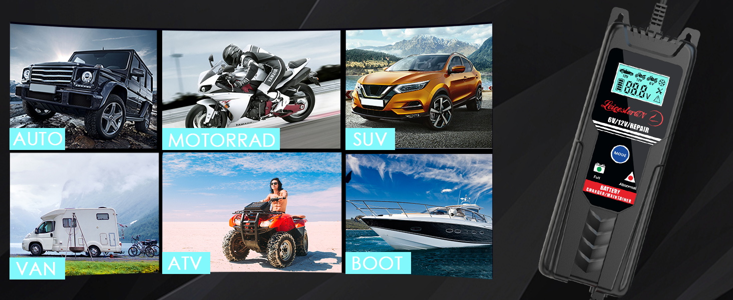 Зарядний пристрій для акумулятора LEICESTERCN 12V/24V - автоматичний, 5/10/25A, LCD, для авто, мото, 6V/12V