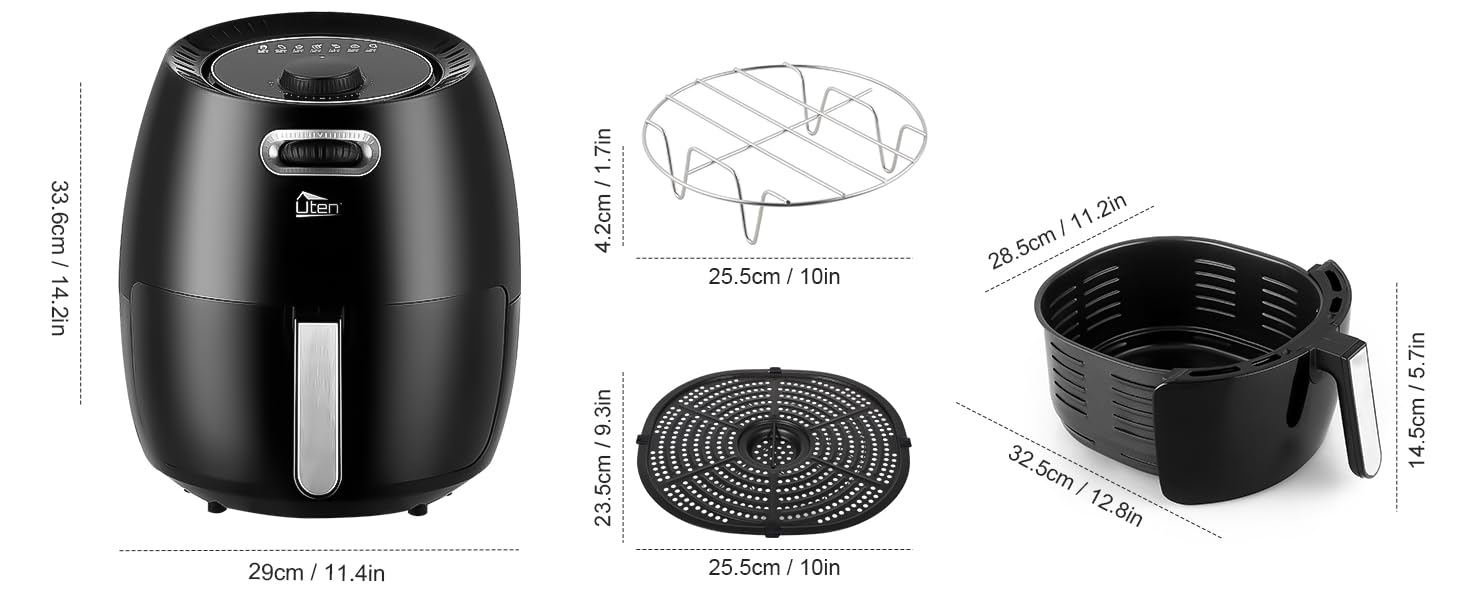 Аерофритюрниця, фритюрниця Uten 4.5 л Аерофритюрниця XL з цифровим дисплеєм, 7 програм, сенсорний датчик керування та технологія швидкої рециркуляції повітря, кошик з антипригарним покриттям, 1500 Вт (6,5 л - аналоговий, чорний)