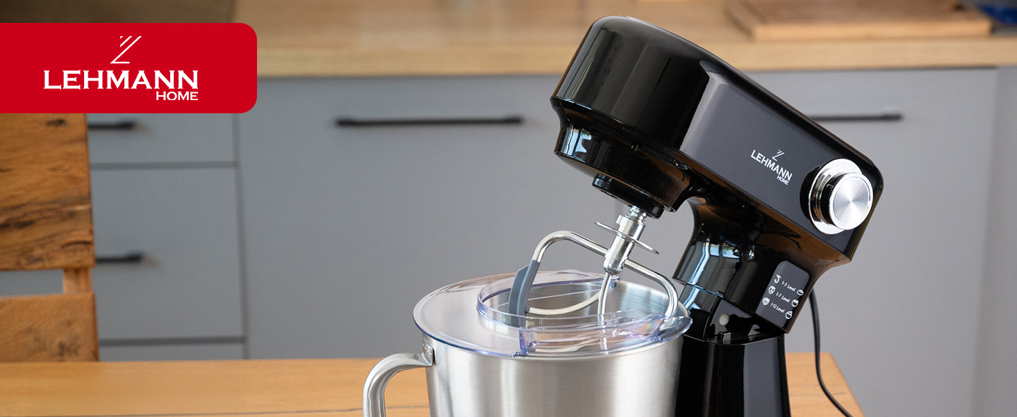 Кухонна машина Lehmann - планетарний міксер з набором аксесуарів - 3 насадки, захист від бризок, 5л чаша, 12 швидкостей, захист від перегріву, неслизька, чорний