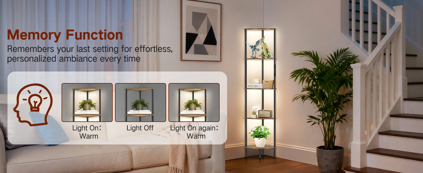 LED торшер з полицею, 3 режими світла, димування (сенсор/пульт), кутова полиця 5 рівнів, вузька книжкова шафа для вітальні, спальні, офісу, чорний