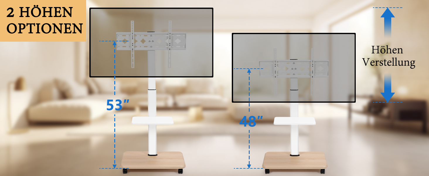 Мобільний ТВ-стіл Hellsehen для LED/LCD/OLED телевізорів 32-70 дюймів (до 45.4 кг), білий, з регулюванням висоти та блокованими колесами