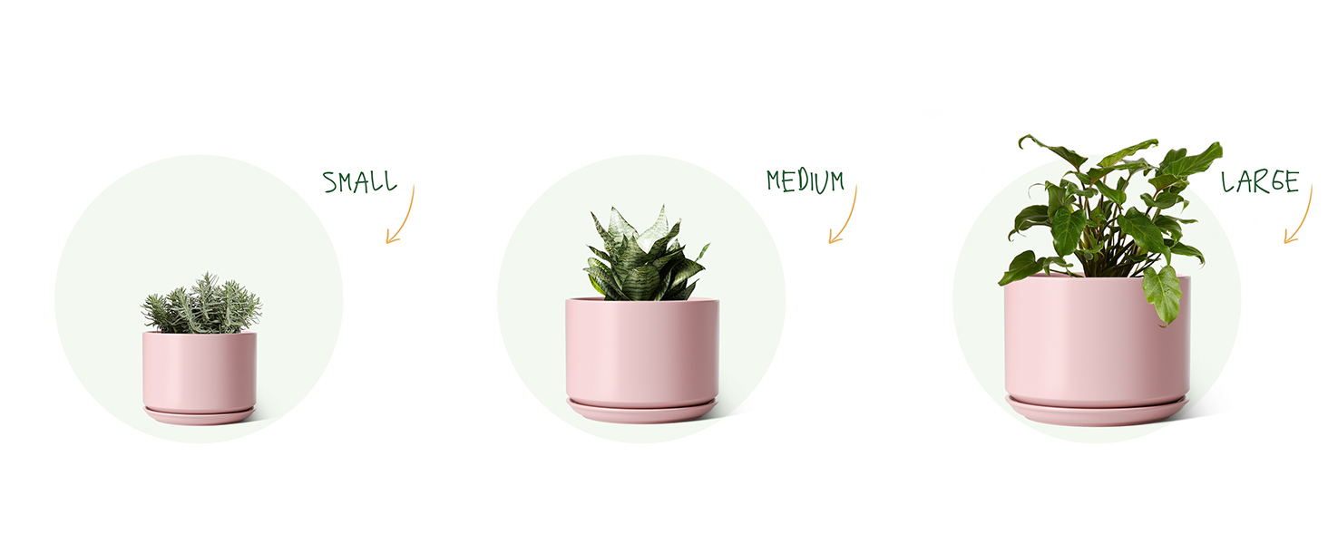 Набір горщиків для квітів LE TAUCI (3 шт.) з кераміки, діаметр 11, 13, 17 см, з підставками та дренажними отворами, реактивна глазур, бежево-рожевий