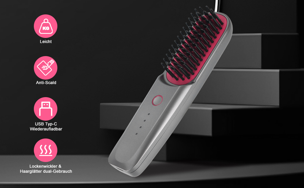 Портативна щітка для випрямлення волосся Walant Cordless Straightening Bust 3 рівні регульованої температури Випрямляч для волосся (160C-200C) для випрямлення, створення хвиль - керамічний випрямляч Щітка для випрямлення волосся з негативними іонами