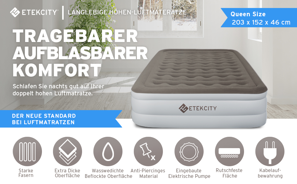 Надувне ліжко Etekcity EAM-ET2 для 1 особи - односпальне надувне ліжко для кемпінгу та відпочинку, 203 x 152 x 46 см, білий