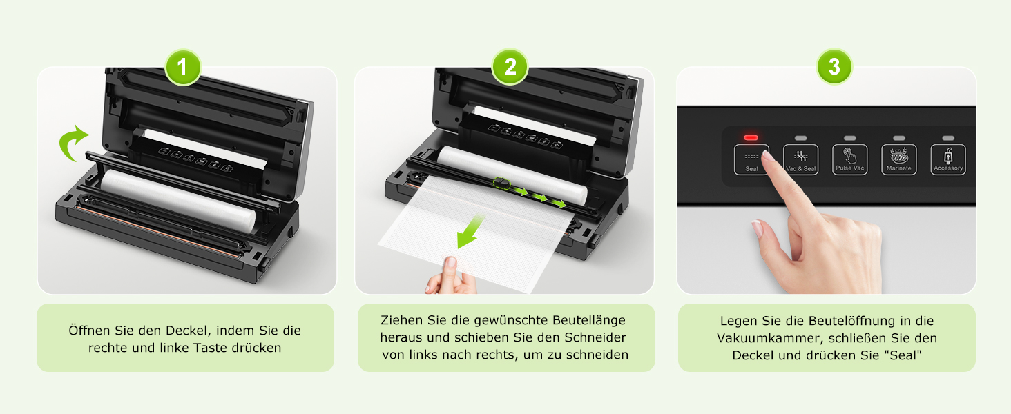 Вакууматор Bonsenkitchen для продуктів, потужний вакуумний пакувальник з 5 режимами, 8 л/хв, технологія Globefish, чорний (комплект: 5 пакетів та 1 рулон)