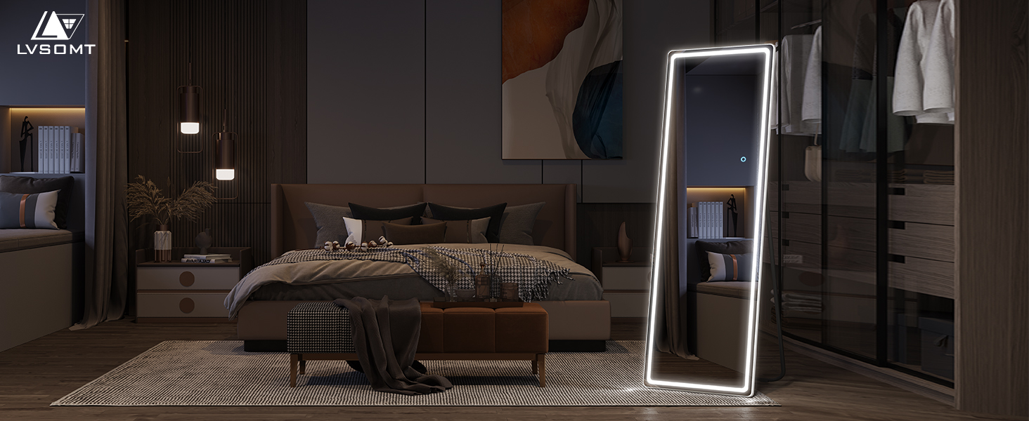 Дзеркало підлогове з LED підсвіткою LVSOMT 153x50 см, повномірне, для спальні та макіяжу, настінне, велике, біле світло