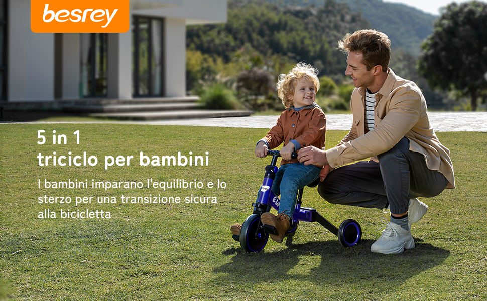 Бесрей 5-в-1 Дитячий Біговел, Триколісний Велосипед для Малюків 1-4 роки (Темно-синій)