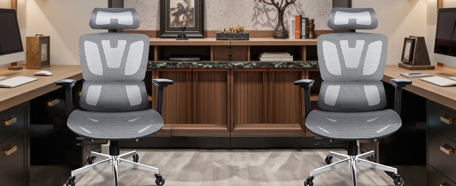 Ергономічне крісло для офісу та дому, 4D підлокітники, регулювання глибини сидіння, 4-рівневий нахил, гумові колеса, сітчасте сидіння, висока спинка, для великих людей, Homeoffice & Gaming (Сірий, сітчасте сидіння)