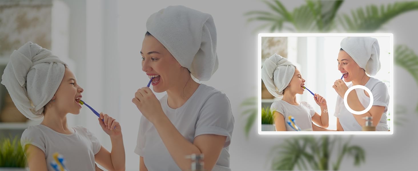 Дзеркало для ванної кімнати SONNI з підсвічуванням 80x60 см, 3 кольори світла, проти запотівання, LED, сенсорне керування, годинник, температура, 3-кратне збільшення