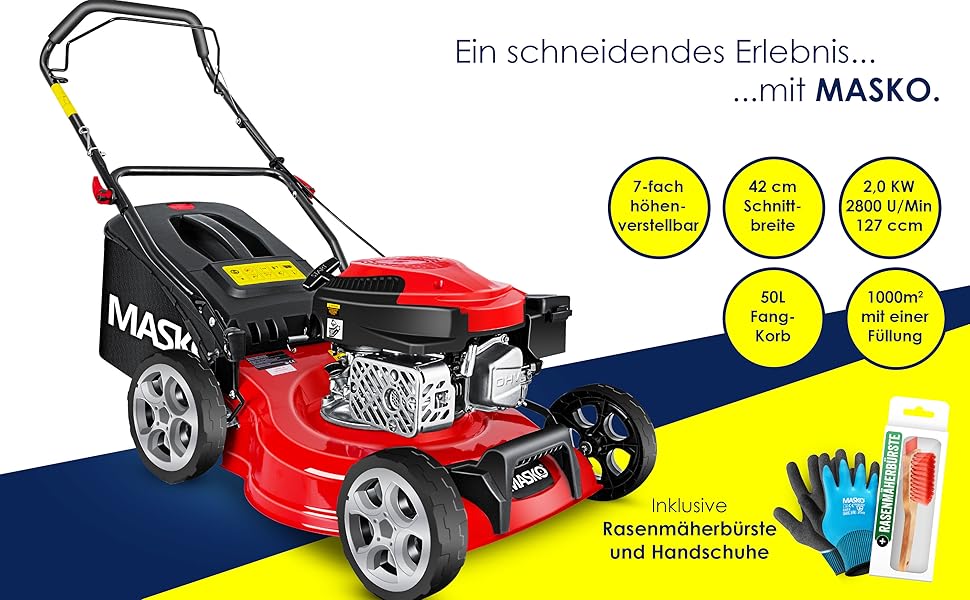 Бензиновий газонокосарка MASKO® 5in1 | Ширина косіння 51 см | 8 положень висоти стрижки | 4-тактний OHV двигун 6.0 PS | Об'єм кошика 65 л | В комплекті: комплект для мульчування, боковий викид (ширина 42 см)