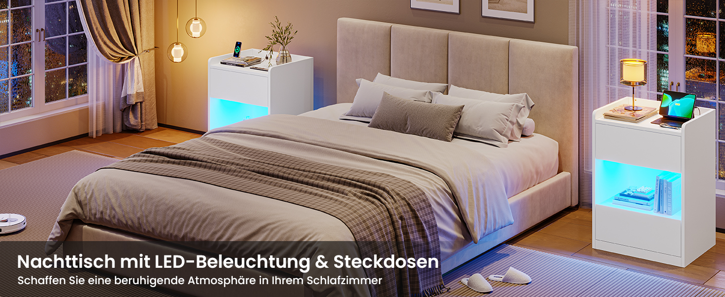 Нічний столик AOGLLATI з LED-підсвічуванням та зарядкою, 2 шухляди та полиця, білий (40x35x60 см)