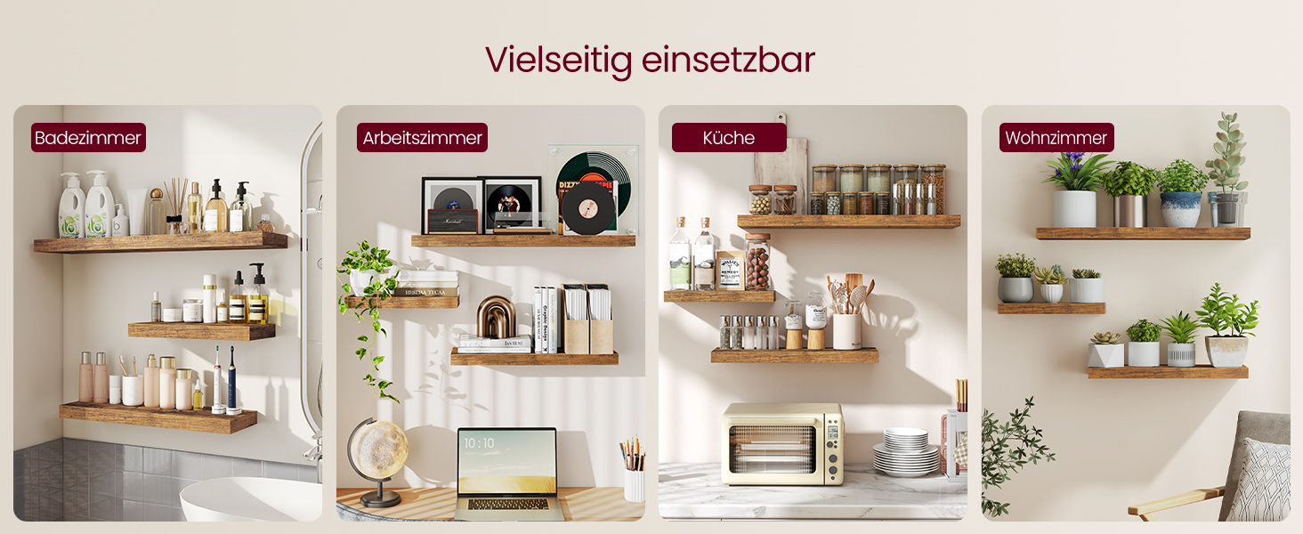 Настінна полиця VASAGLE, 3 шт. у наборі, 20 x 80 x 3,8 см, вінтажний колір, для фотографій, декору, вітальні, кабінету, кухні