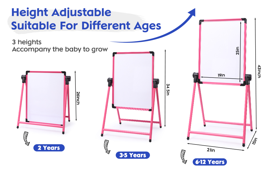 Дитяча мольберт Kinderstaffelei з двома боками, складний, регульована висота 74,9-111,8 см, з місцем для зберігання, поворотний на 360°, мольберт для малювання та дошка з набором літер та цифр, рожевий для хлопчиків та дівчаток