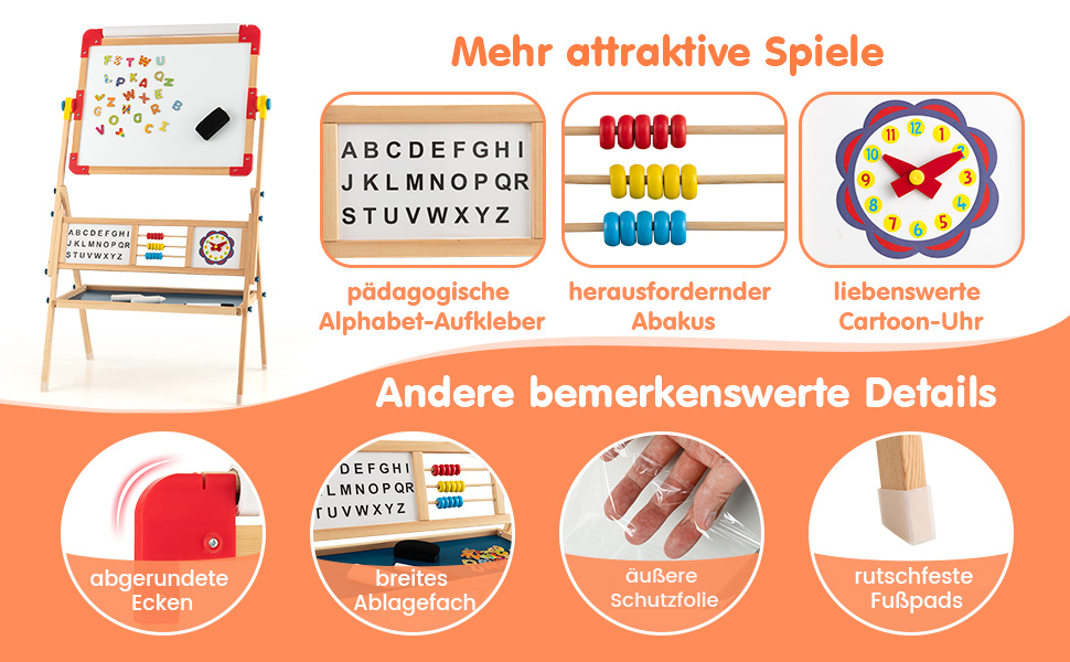 COSTWAY 3-в-1 дитяча мольберт-дошка з обертанням 360°, дерев'яний мольберт з двостороннім дощечкою, мольберт для малювання з полицею, рулон паперу, абакус, годинник та алфавіт для дітей від 3 років