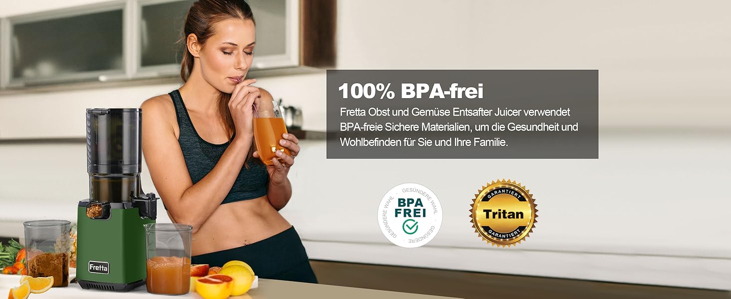 Фреш-прес Fretta Slow Juicer: Швидкий та зручний соковичавник з нержавіючої сталі для овочів та фруктів, 135 мм, 1.8 л, з функцією реверсу, 250W (Темно-зелений)