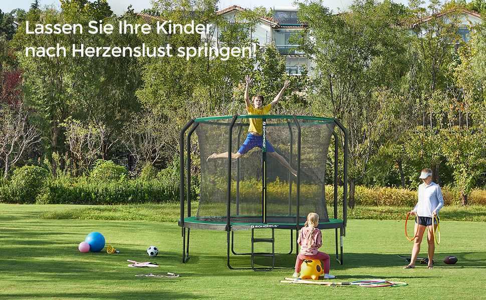 Батут SONGMICS садовий Ø366 см з захисною сіткою та драбиною, чорно-зелений