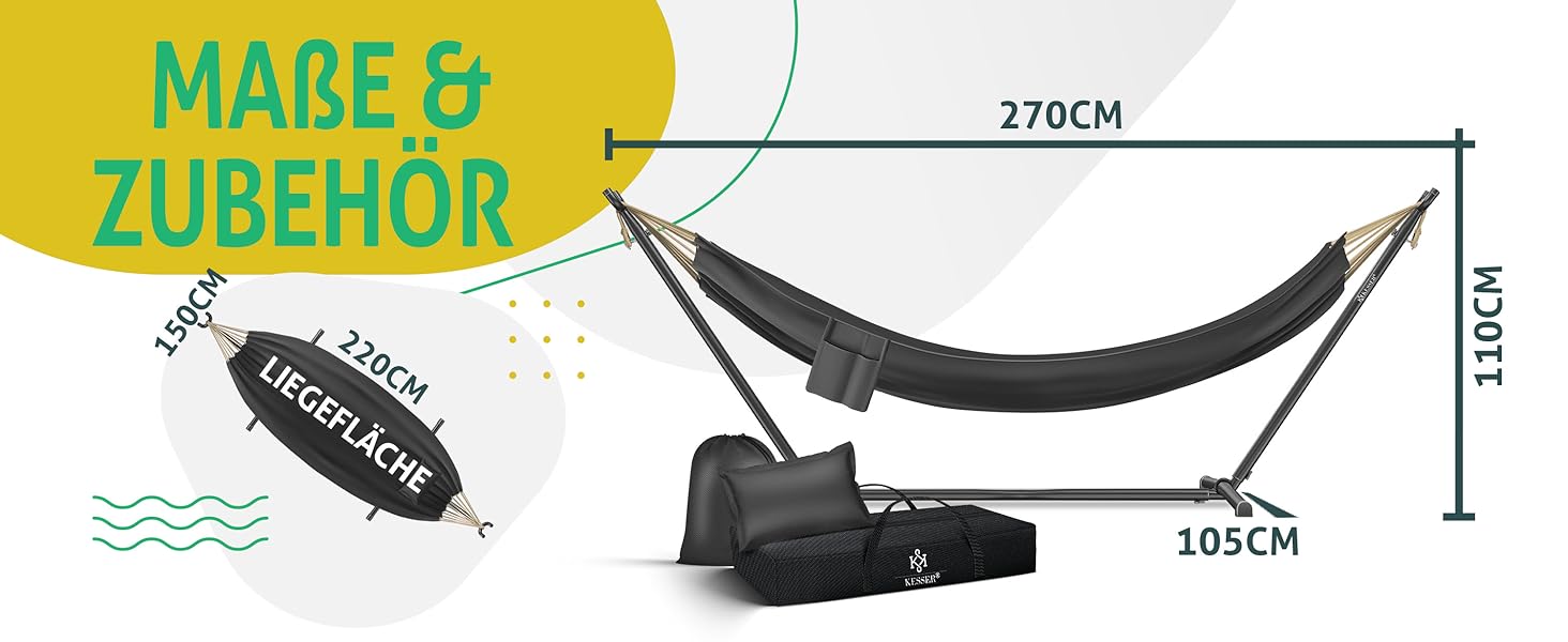 Гамак KESSER® Lake з каркасом для 2 осіб, до 200 кг, для дому та саду, XXL, антрацит. З подушкою, сумкою та мішком.