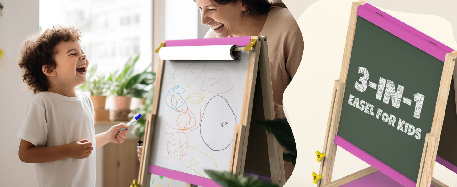 Мольберт для малювання Joyooss для дітей, регульований дерев'яний мольберт для малювання, двосторонній, сухий маркер, з аксесуарами для малювання, подарунок та канцтовари для дітей 4-8 років (РОЖЕВИЙ) 106PINK