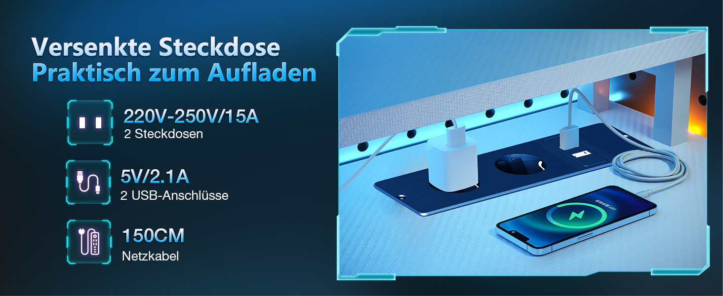 Ігровий стіл Coleshome з шухлядами, 151x50 см, з LED-підсвічуванням та розеткою, з полицями та підставкою для монітора (карбонове волокно)