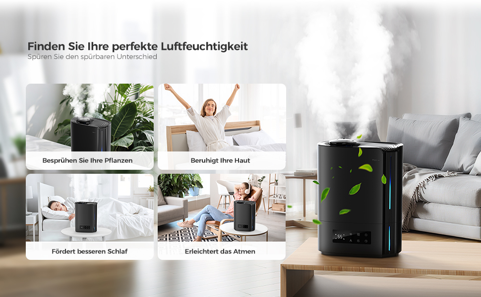 Зволожувач повітря AROEVE 6л для спальні, дитячої, кімнатних рослин, з аромадифузором, ультразвуковий, тихий (60 годин), чорний