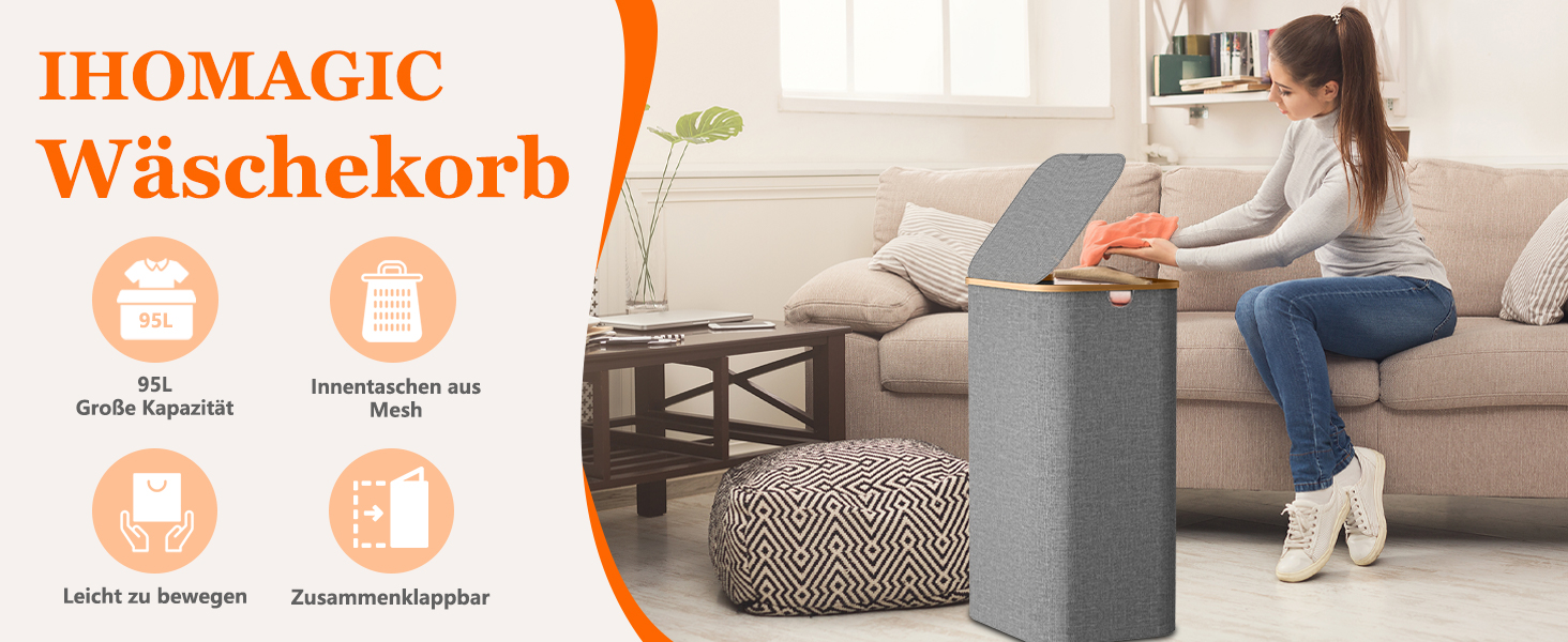 Кошик для білизни з кришкою, вузький, бамбукові ручки, внутрішня кишеня, складний, переносний, 95л, темно-сірий