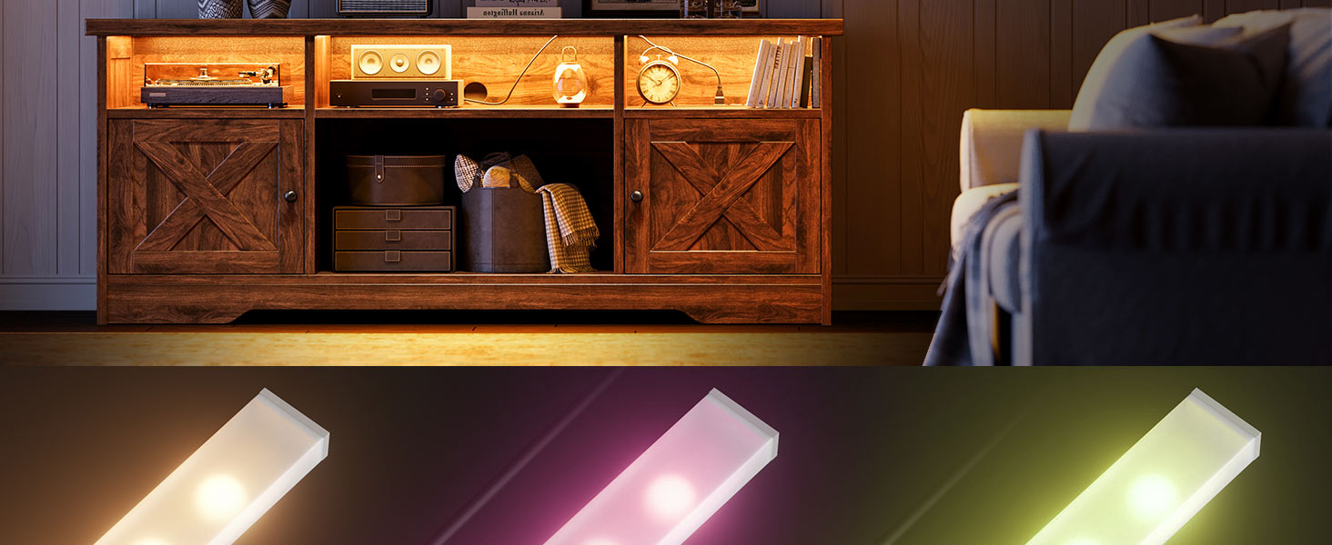Тумба під телевізор Coleshome з розетками, USB, LED, 4 відкритими полицями та 2 шухлядами, 150x35x65 см, білий та горіх