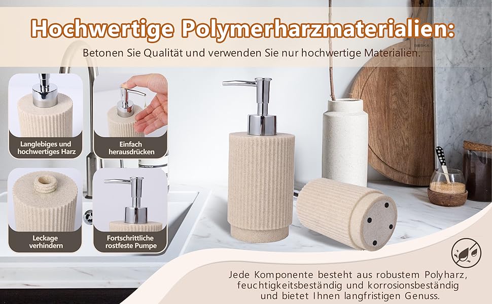 Набір для ванної кімнати 6 предметів: дозатор для мила, стаканчик для зубної щітки з підносом та коробочка для ватних паличок – смугастий дизайн, високоякісна смола (бежевий)