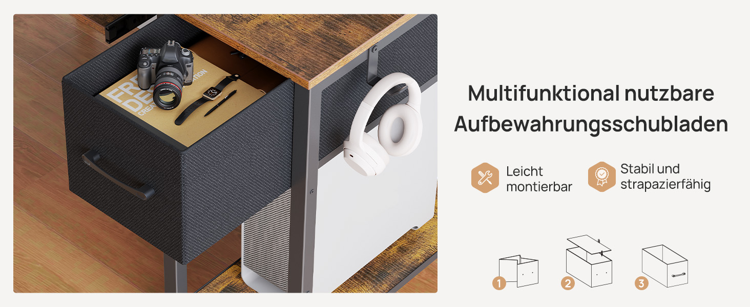 Ігровий стіл Seventable з LED підсвіткою, розетками та USB портами, шухлядами, підставкою для клавіатури та монітора (120x47x87 см, вінтажний коричневий)