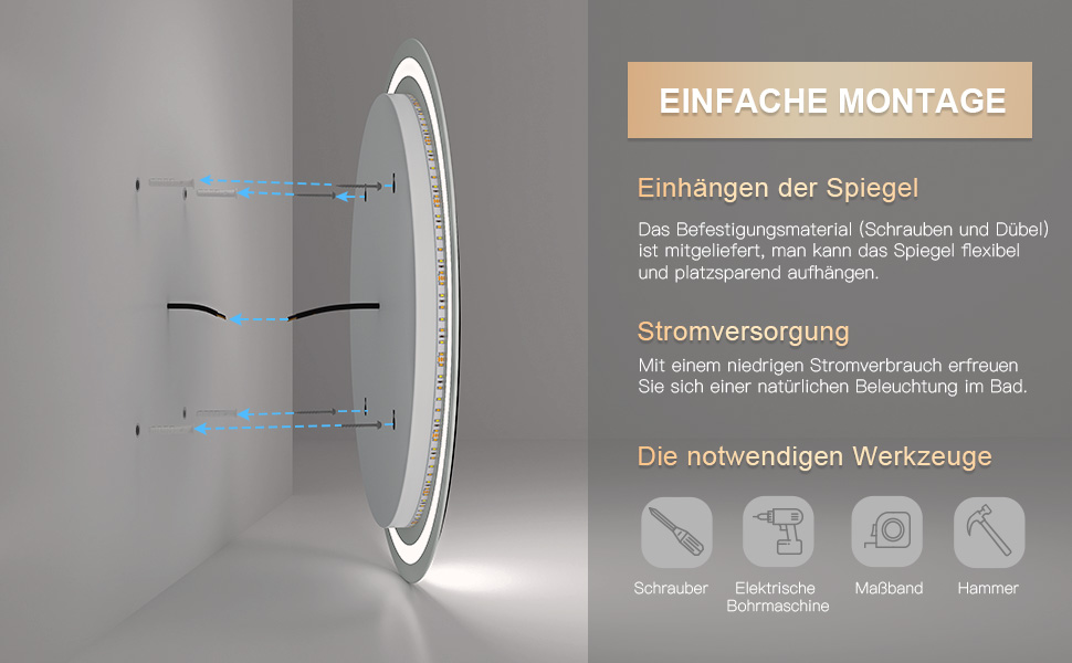 Дзеркало для ванної кімнати Dripex круглої форми з підсвічуванням LED, сенсорне керування, регулювання яскравості, 3 кольори світла, антизапарник, 50x50 см