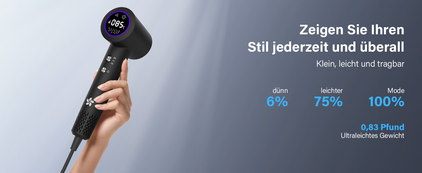 Професійний фен для волосся з дифузором, безщітковий двигун 110 000 об/хв, 400 млн плазмових іонів, низький рівень шуму 57дБ, чорний